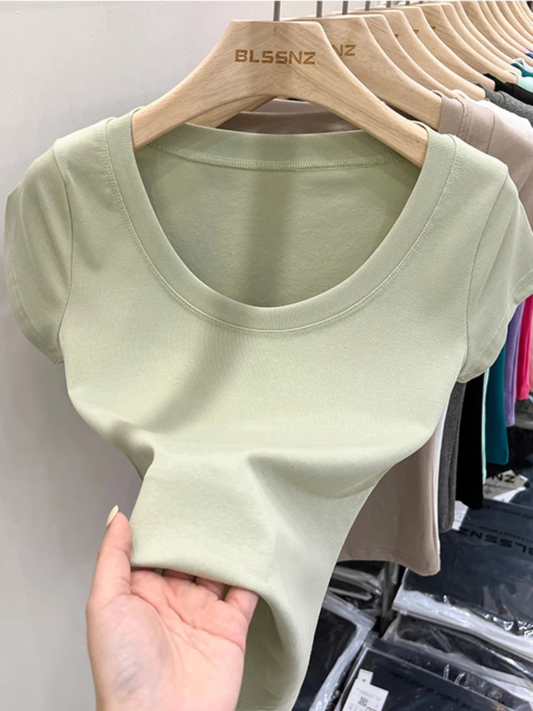 2026 Sexy Square Collar Slim T Shirt Women Cotton Elastic Basic Solid Female Casual Tops Short Sleeve Thin T-shirts See Through