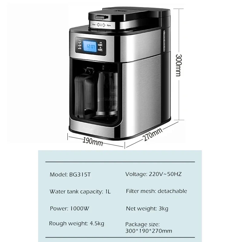 Fully Automatic American Coffee Machine，Coffee Beans Or Powder Can Be Used，Electric Grinding Drip Coffee Machine 2-in-1