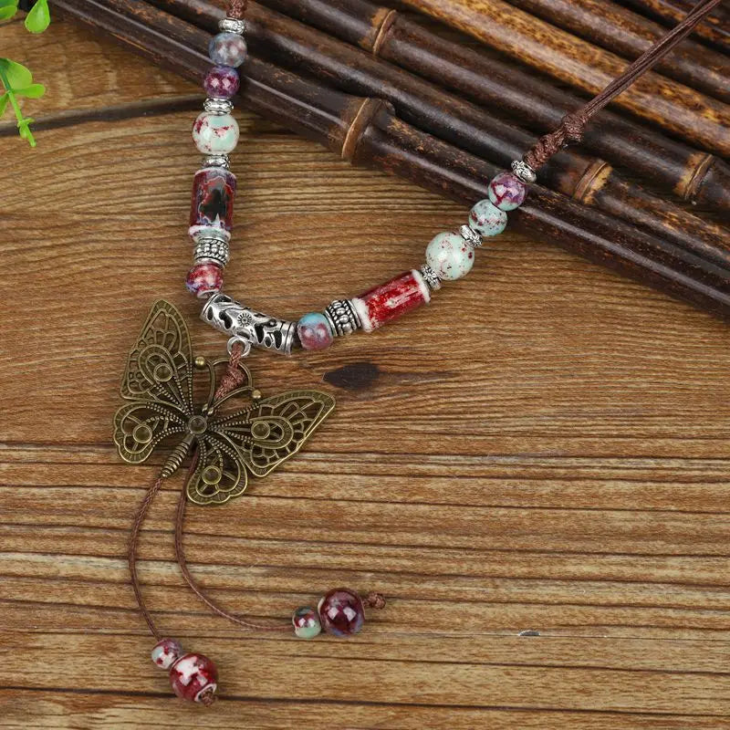 Vintage Handmade Butterfly Ceramic Necklace For Women Ethnic China-Chic Ancient Style Collar Chain Necklace Vacation Accessories