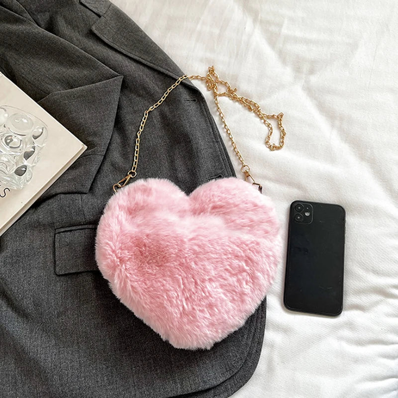 Simple Styles Plush Heart-shaped Handbags Women Handbag Diagonal Crossbody Bag Peach Heart Versatile Fashion Wallet