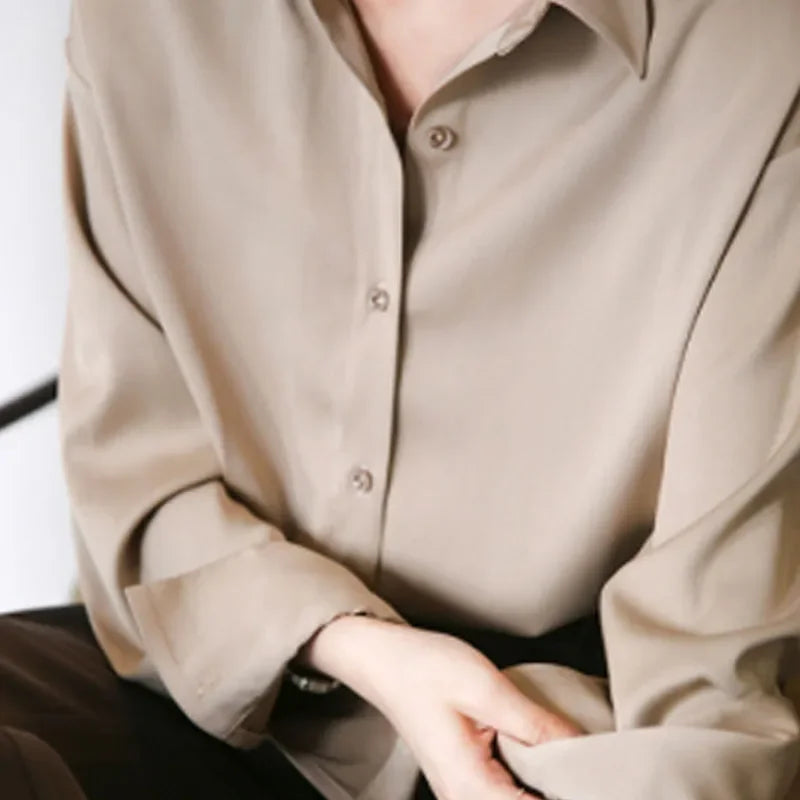 2026 Elegant Satin Loose Women Shirt Spring Turn-down Collar Ladies Blouse Autumn Vintage Casual Button Silk Tops