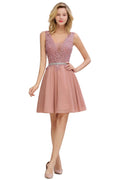 Newest Dusty Pink Sequins Lace Cocktail Dresses With Sashes Sexy V neck A Line Chiffon Short Party Gowns For Prom Evening 2025