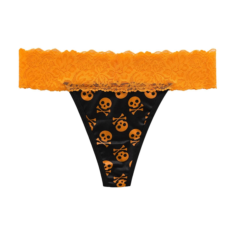 Low Waist Halloween Pattern Design Orange Ice Silk Lace Underwear Knickers Bonded No Show Women Seamless Panties