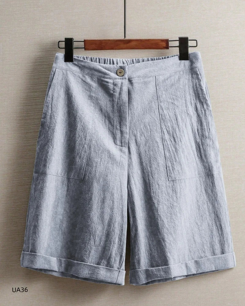 2026 summer new cotton and linen five-piece pants women's high-waisted elastic waist button shorts loose casual shorts