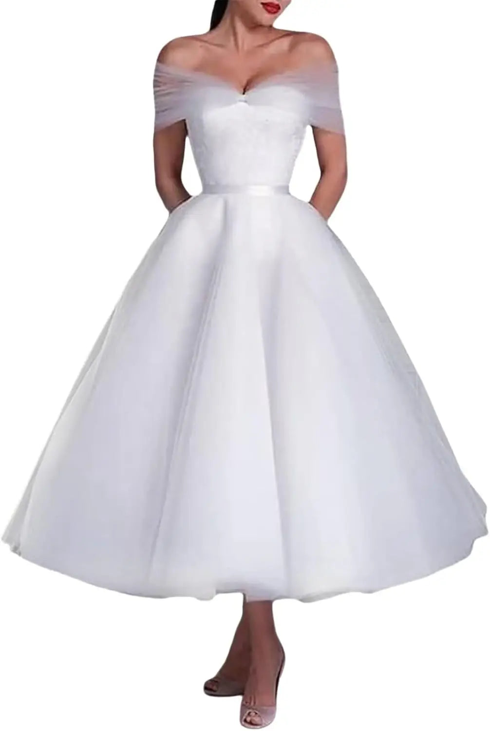 A Line Off Shoulder Wedding GownTulle Midi A Line Women's Shoulder Tea Lenght  Bridal Dress Simple Wedding Dress Party Dresses