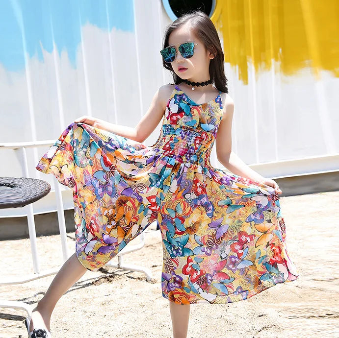 European Style Children & Young Adults Bohemian Sundress Girls Summer Floral Cool Wide Leg Pants Kids Jumpsuit Orange 6-15 Years