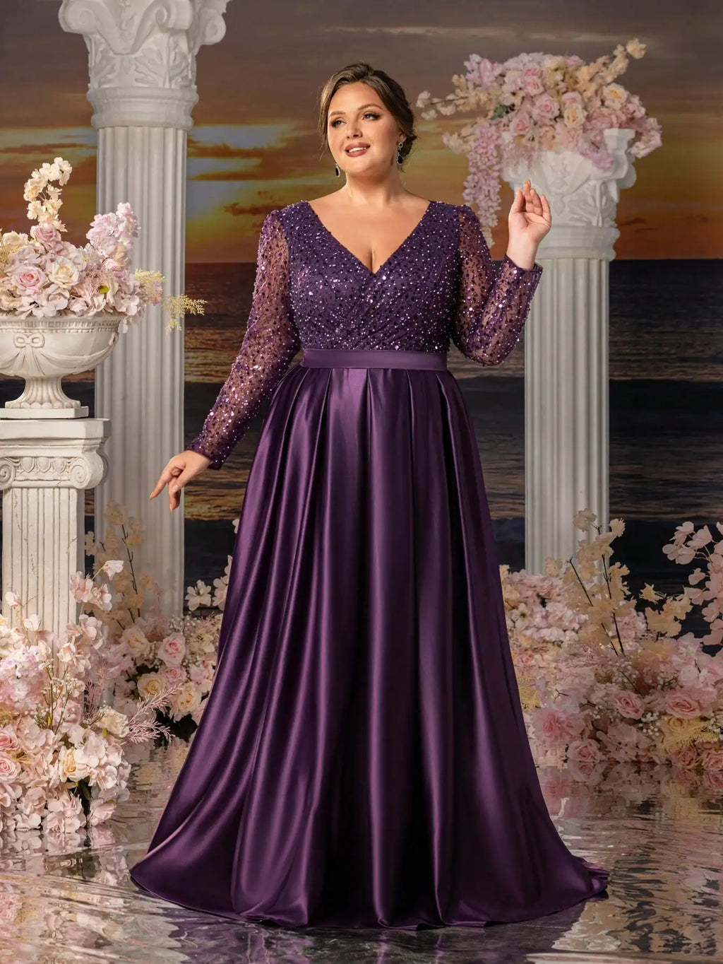 Plus-size sequined satin mother's evening dresses with overlapping neckline, elegant and formal long dress, 2026.