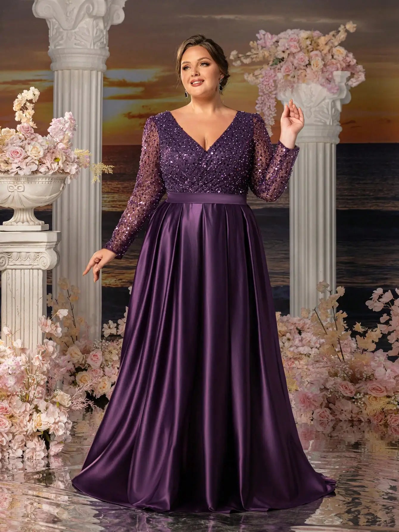 Plus-size sequined satin mother's evening dresses with overlapping neckline, elegant and formal long dress, 2026.