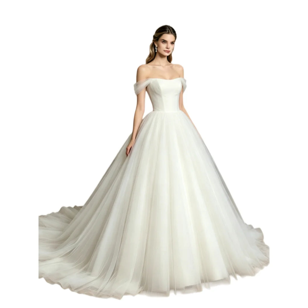Women Elegant Off Shoulder Tulle Bridal Gown Simple A Line Wedding Dress Floor Length with Sheer Tulle Sleeves for Bride