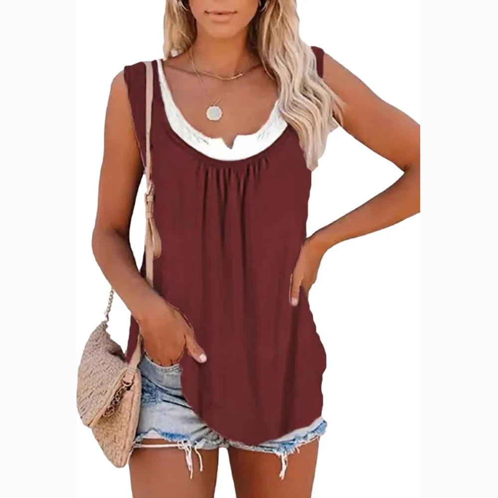 2026 Summer New Arrival Women's Two-Piece Look Sleeveless Tank Top Leaf Print Loose Casual Camisole with Pockets