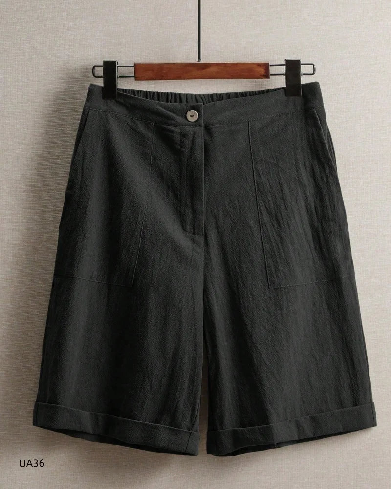 2026 summer new cotton and linen five-piece pants women's high-waisted elastic waist button shorts loose casual shorts