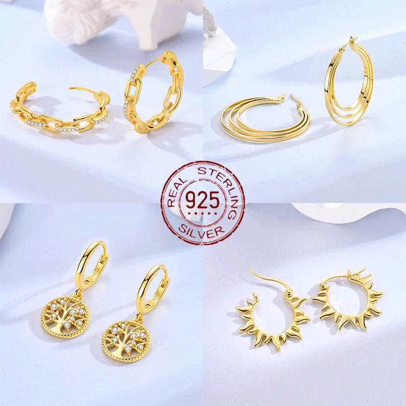 Gold Serie Hoop Earrings 925 Sterling Silver Sparkling Irregular Shape Feather Star Earrings Stud for Woman Girl Jewelry Gift