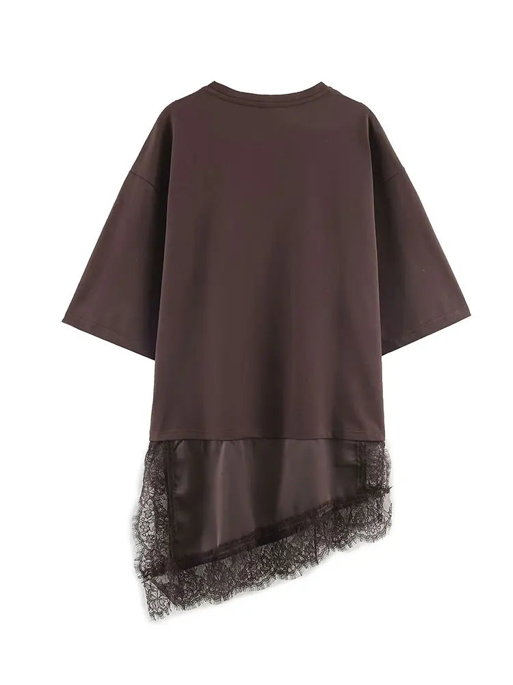 HH Women Vintage Solid Lace Patchwork T-Shirts Asymmetrical Hem O Neck Short Sleeve Shirt 2026 Trend High Street Lady Chic TEES