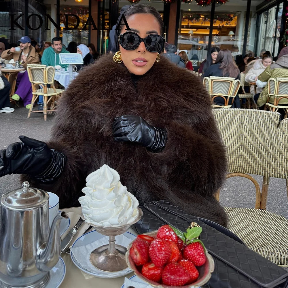 KONDALA 2026 Spring Summer Casual Faux Fur Brown Women Warm Jackets Valentine‘s Day Turn Down Collar Oversized Elegant Coats