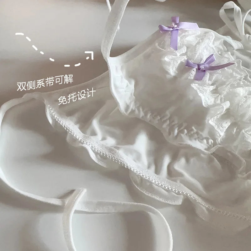 Double Bow Lace Ruffle Cute Underpants For Women Low Waist Lace Up Ice Silk Breathable Panties Lolita Soft Thin Seamless Briefs