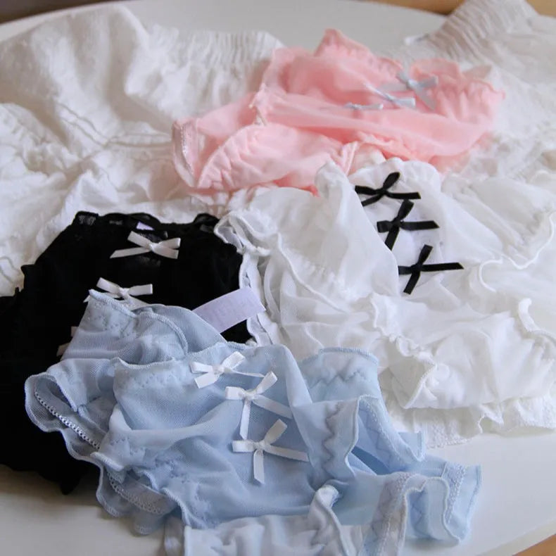 Bow-tie Perforated Breathable Lace Mid-waist Women's Panties, Cute Girls' Triangle Panties.
