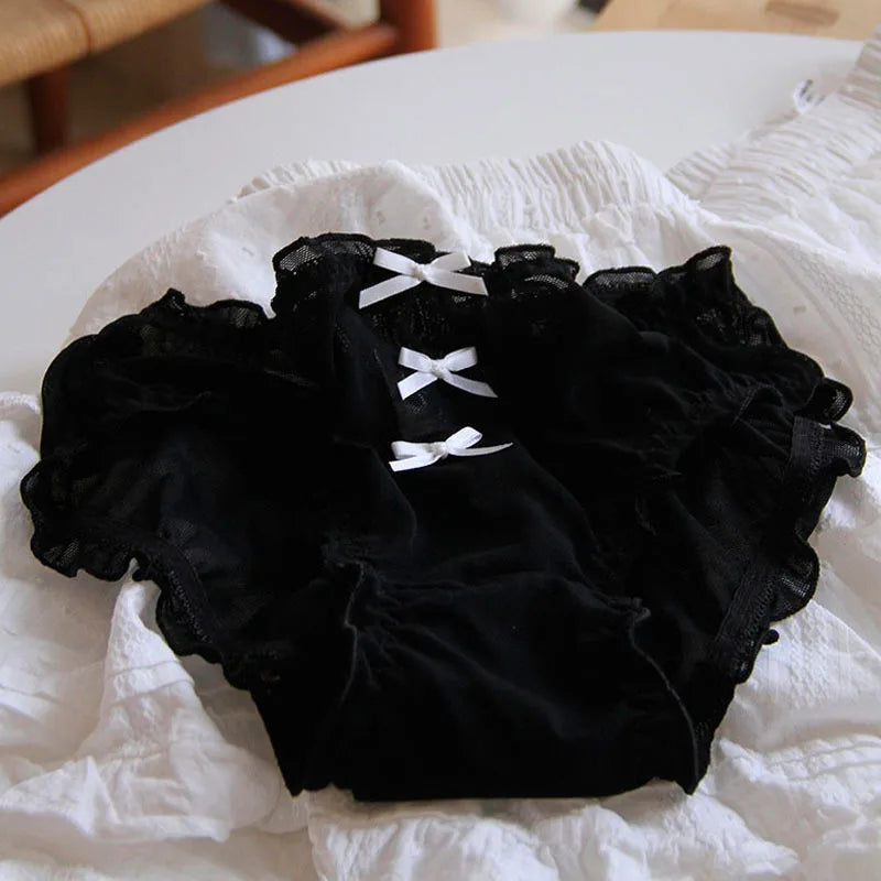 Bow-tie Perforated Breathable Lace Mid-waist Women's Panties, Cute Girls' Triangle Panties.