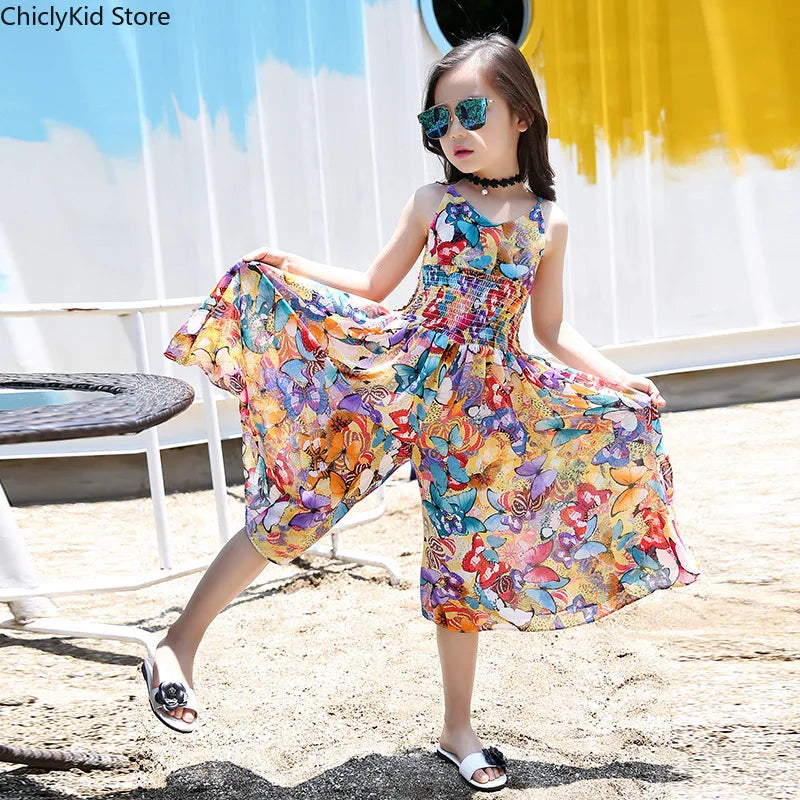 European Style Children & Young Adults Bohemian Sundress Girls Summer Floral Cool Wide Leg Pants Kids Jumpsuit Orange 6-15 Years
