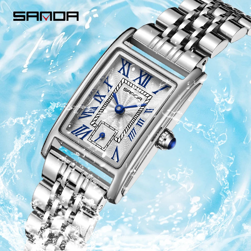 Sanda 1116 Women's Quartz Watch Red White Fashion Elegant Rectangle Waterproof Pointer Leather Business Ladies Wristwatches