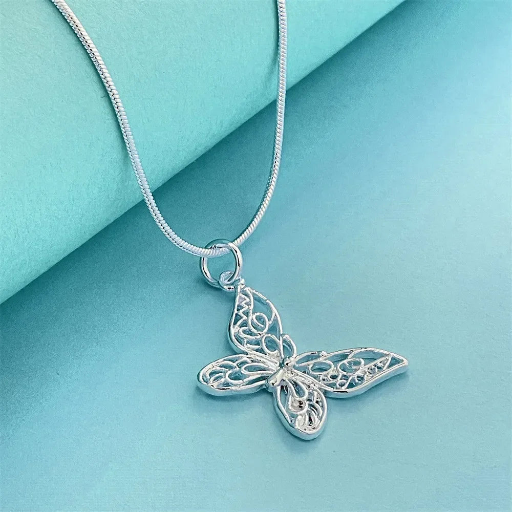 Fashion kpop 925 Sterling Silver Butterfly Necklace 18/20/22/24/28/30 inch Snake Chain For Women Wedding Engagement Jewelry