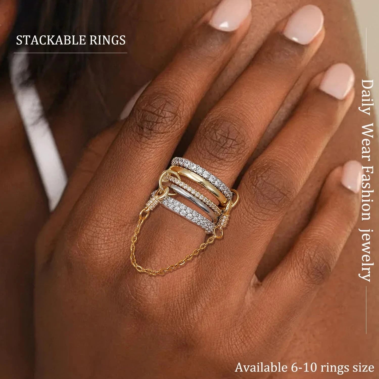5pcs Gold Plated Linked Chain Stackable Rings for Women Statement Cubic Zirconia Interlocking Rings Multi-Link Connected Jewelry
