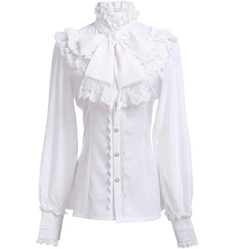 2026 Summer New Arrival Women's Vintage Ruffle Collar Shirt High Neck Lace Trim Button Down Shirt Elegant Gothic Blouse Tops