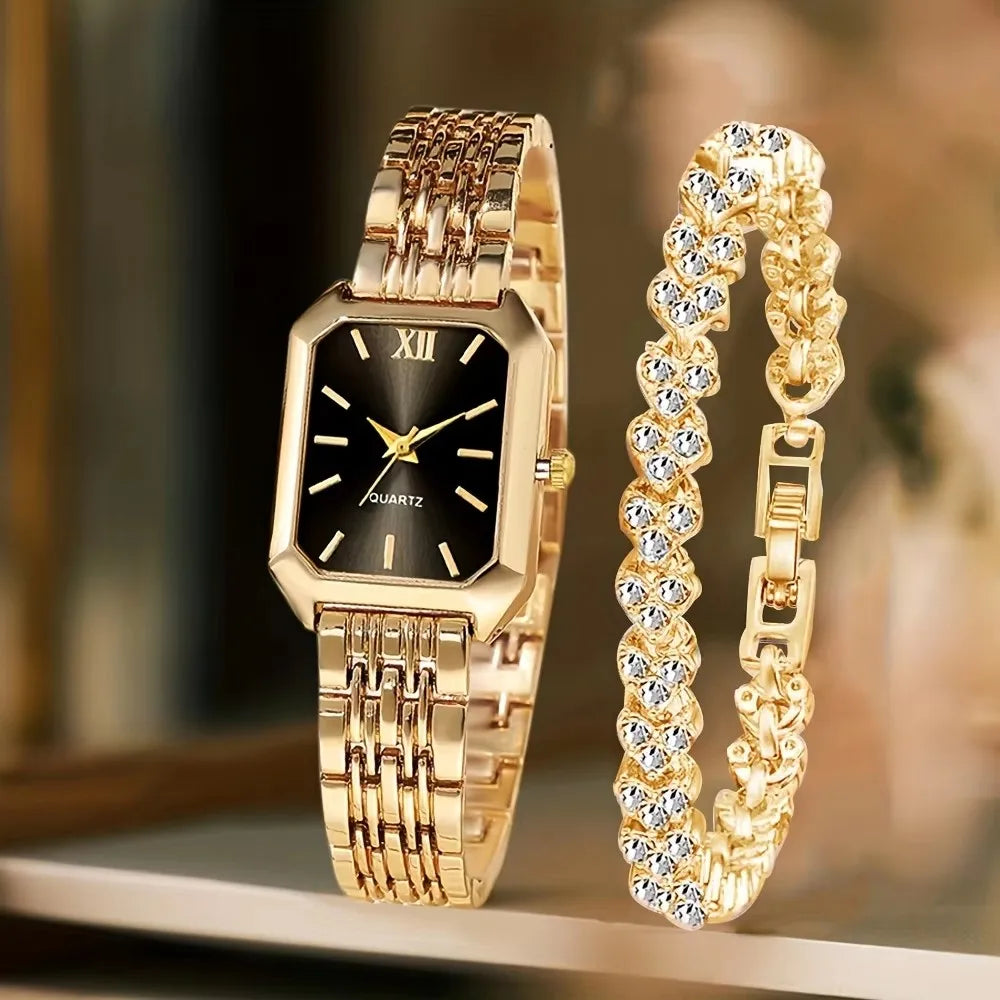 2PCS Luxury Women's Watch Set Fashionable and Elegant Diamond Elements with Calendar Quartz Watch Bracelet Set Perfect Gift