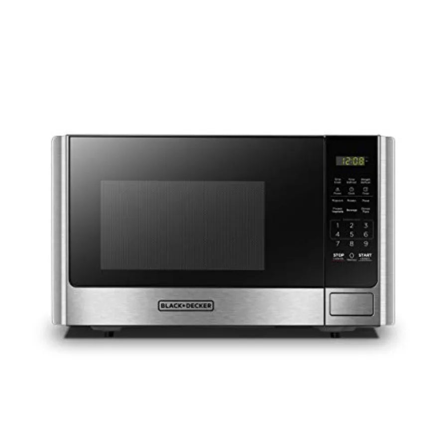 Digital Microwave Oven with Turntable Push-Button Door, Child Safety Lock, Stainless Steel, 0.9 Cu Ft