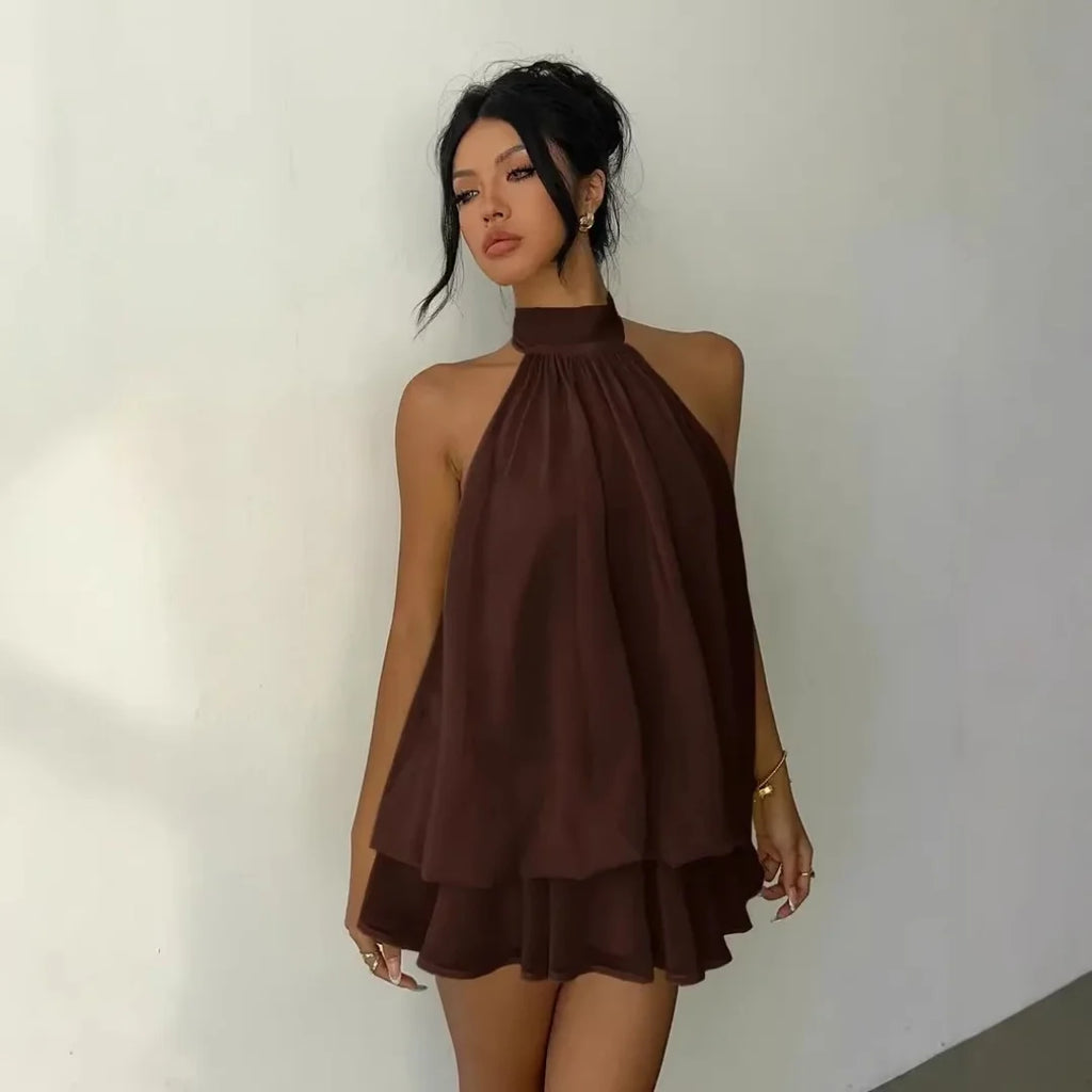 Women's Halter Neck Dress Sweet Backless Tie-Front Chiffon Sheer Mini Skirt Fashion Sexy Y2K Vintage Cute Party Birthday Dress