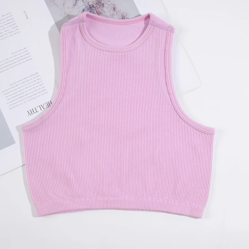 CHRLEISURE Sport Bra Women Rib-Knit Yoga Vest Round Neck Athletic Crop Top Seamless Elastic  Push Up Underwear without Pad