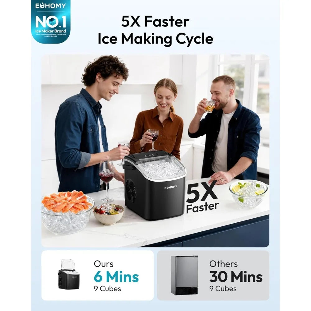 Countertop Ice Maker, 26.5lbs/Day, 9 Bullet Ice in 6 Mins, Auto-Cleaning, Portable with Handle, Black