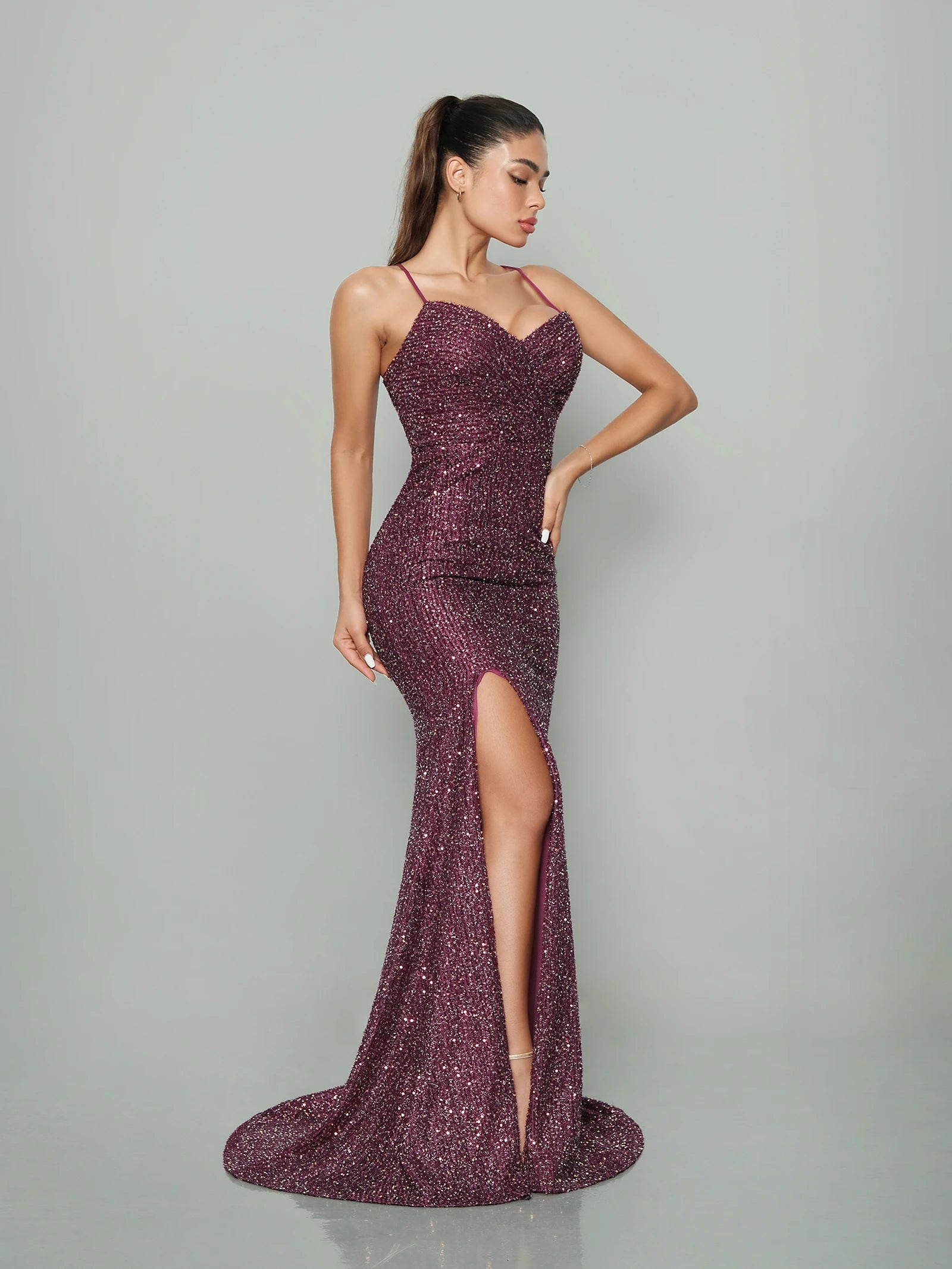 BABYONLINE Purple Sequined Mermaid Evening Dresses | Deep V-Neck & High Slit for Galas,Weddings & Red Carpet