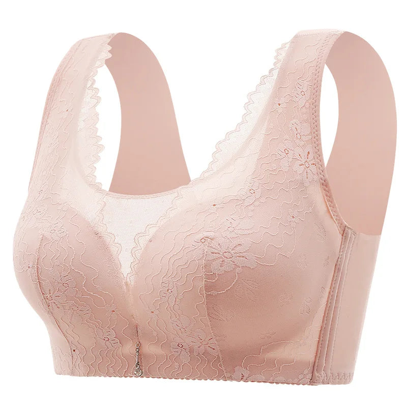 Gather Breathable Comfortable Breast-free Underwire Middle-aged Mom Bra With Large Size Front Buttons Nursing Underwear