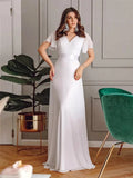 BABYONLINE Double V-neck White Simple Wedding Dress Butterfly Design Short Sleeves A-line Chiffon Summer Beach Long Dress