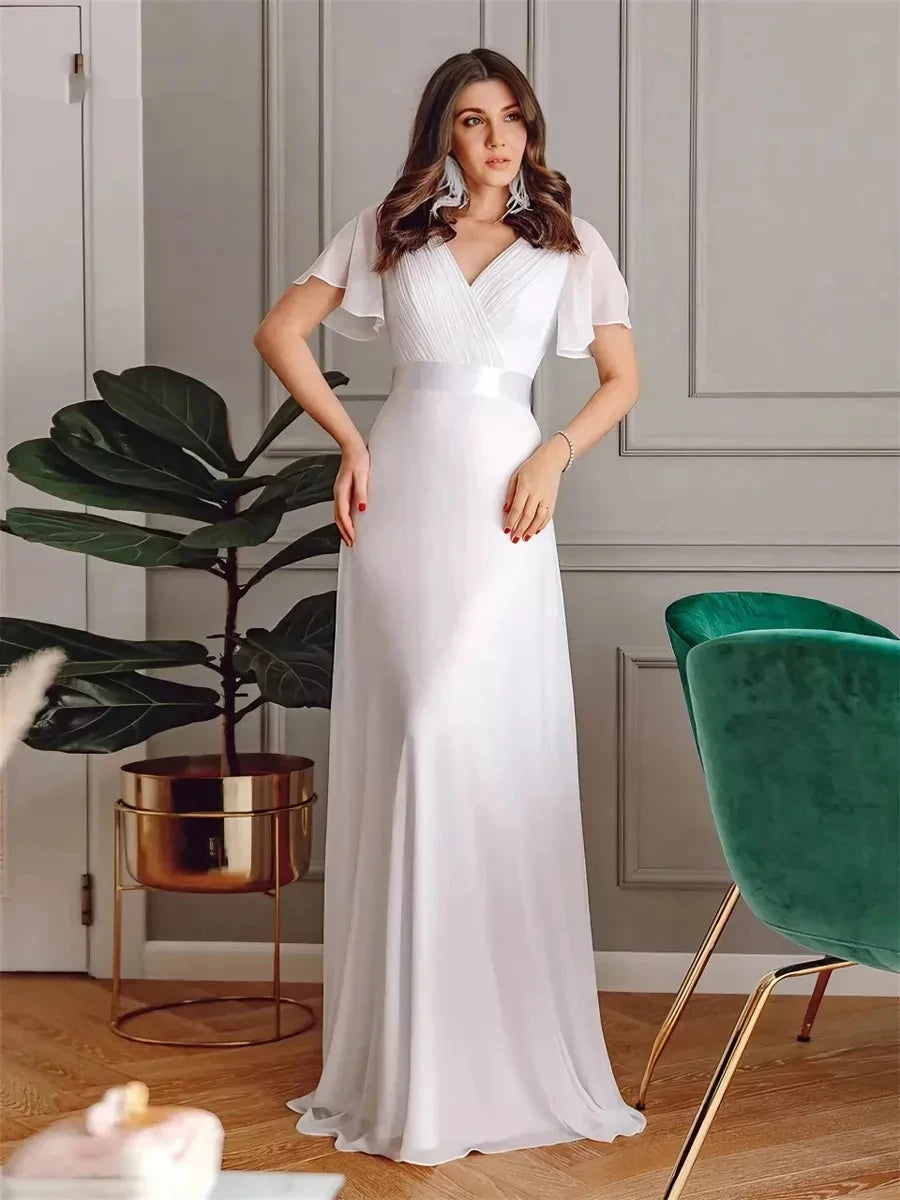BABYONLINE Double V-neck White Simple Wedding Dress Butterfly Design Short Sleeves A-line Chiffon Summer Beach Long Dress