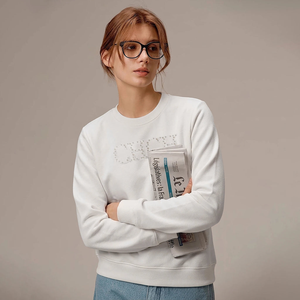 CHCH Women's Hoodie 2026 New Simple Pearl Embroidered Top Women's Beige Loose Long Sleeve Hoodie