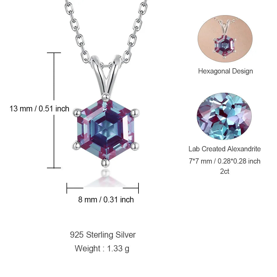 ALLNOEL Hexagon 2CT Lab Created Alexandrite 7*7mm 925 Silver Pendant Necklace For Woman Color Changing June Birthstone Wholesale