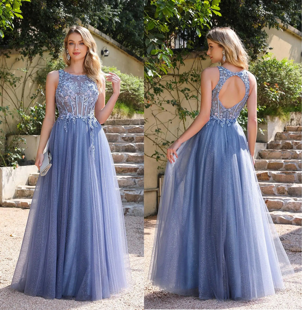 Shiny Dusty Blue Evening Dress Illusion Floral Lace Appliques O-Neck Open Back Halter Prom Dresses Sparkling Tulle A-Line Gowns