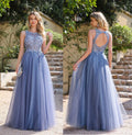 Shiny Dusty Blue Evening Dress Illusion Floral Lace Appliques O-Neck Open Back Halter Prom Dresses Sparkling Tulle A-Line Gowns