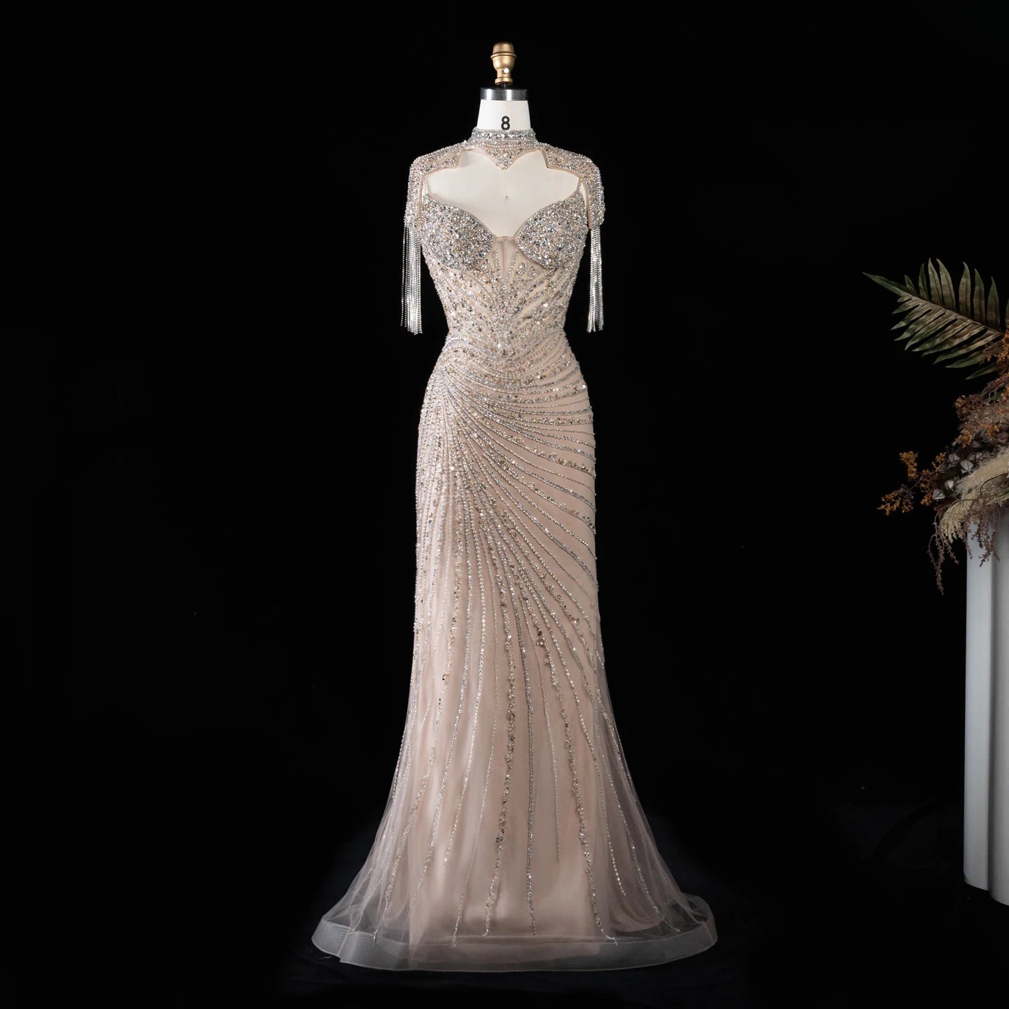 Sharon Said Luxury Mermaid Evening Dress Tassel High Neck Crystal Beaded Women's Formal Gowns for Wedding Party SS184 Customized