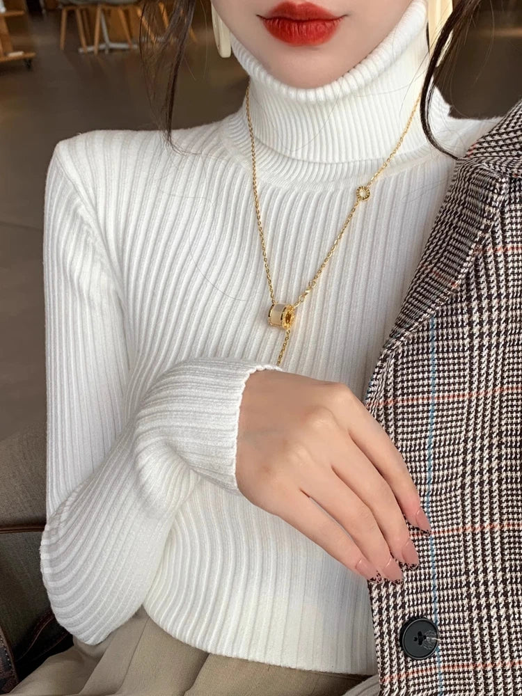 2026 Casual Slim Knitted Pullover Autumn Winter Thick Turtleneck Sweater Base Sweater Korean Style Simple Base Layer Warm Tops