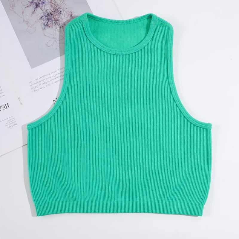 CHRLEISURE Sport Bra Women Rib-Knit Yoga Vest Round Neck Athletic Crop Top Seamless Elastic  Push Up Underwear without Pad
