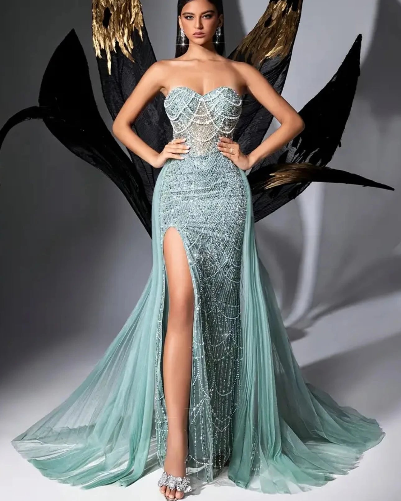 2025 New Beaded Evening Dresses Luxury Sequins Beading Strapless Backless Prom Dress Sexy Sheer Split Tulle Train Formal Vestido
