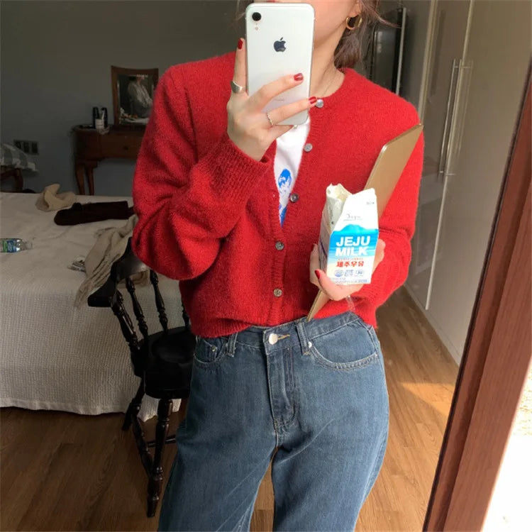 2026 Long Sleeve Vintage Y2k Tops Korean Knitted Cardigan Women's Autumn Winter Fashion O-Neck Versatile Slimming Basis Sweater