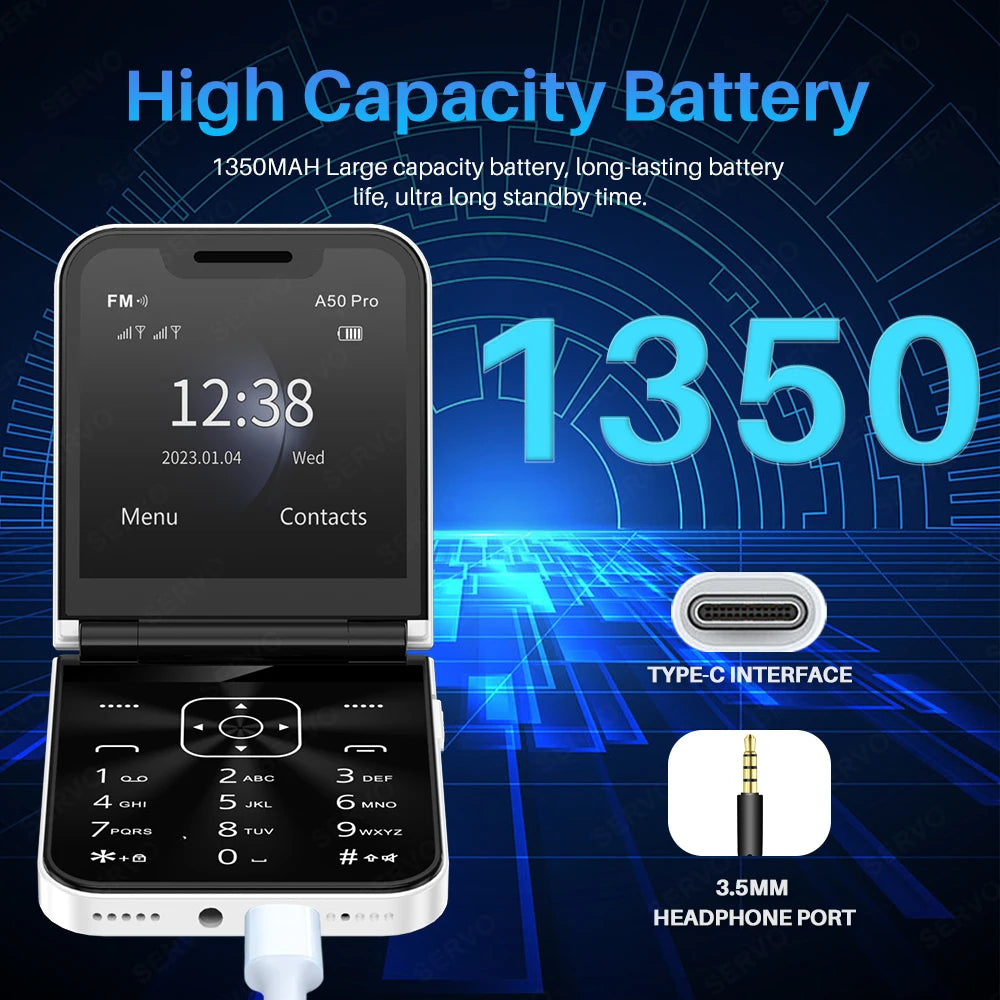 SERVO A50 PRO Flip Mobile Phone Dual SIM Standby Speed Dial Call Recording MP4 Player FM Radio 2G GSM Foldable Button Cellphones