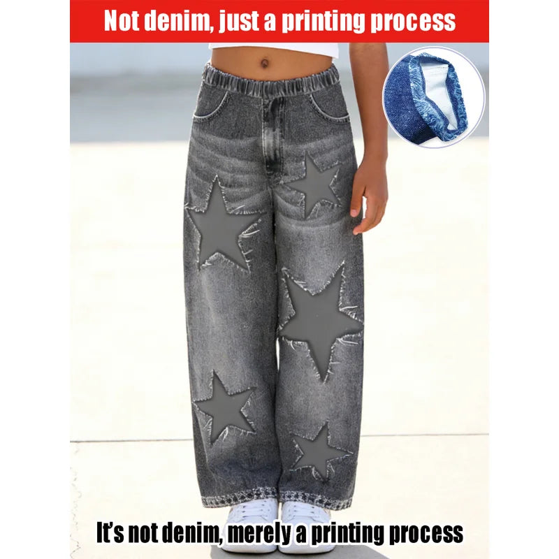 2026Children's Star Distressed Black and Gray Faux Denim Straight Pants