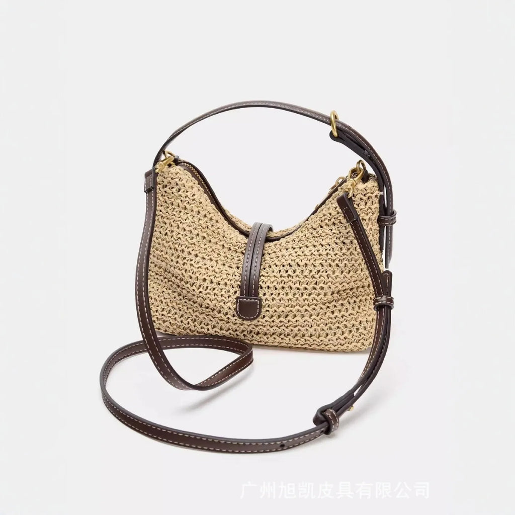 Women Straw Woven Hobo Bag Summer Beach Raffia Shoulder Bag Casual Leather Strap Crossbody Handbag Bohemian Vacation Retro Purse