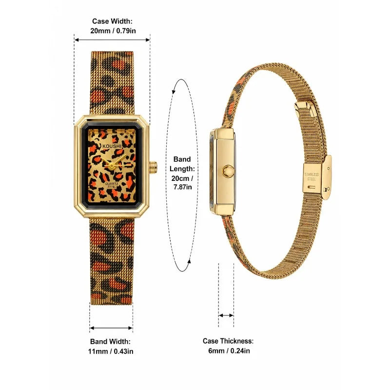 Vintage Leopard Print Square Women Quartz Watch Luxury Steel Mesh Band Ladies Wristwatch Fashion Jewelry Gift for Women Girls