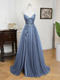 MisShow Sling Evening Dresses Sexy Spaghetti Straps V-Neck Illusion Sequins Appliques Prom Dress A-Line Train High Split Gowns