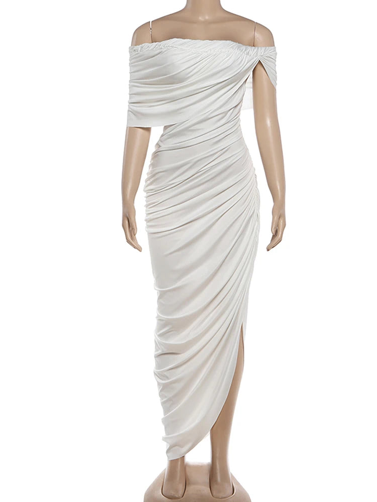 Weird Puss Classic Pleat Maxi Dress Women Lapel Irregular Split Slash Neck Sexy Elegant Stretch Skinny Evening Dating Bodycon 99
